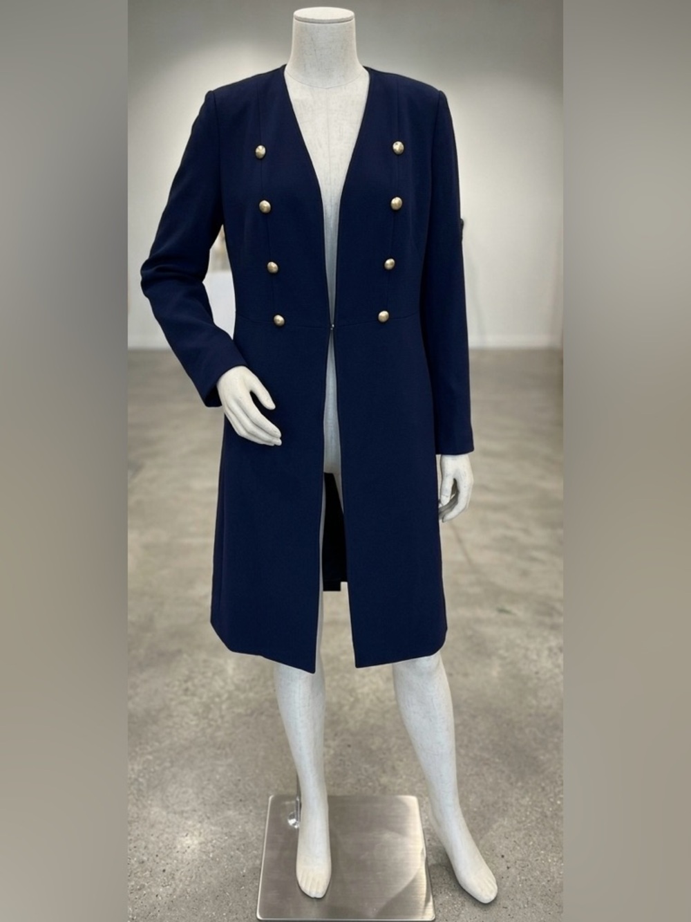Sole Society Navy Long Double-Breasted Coat with Gold Buttons